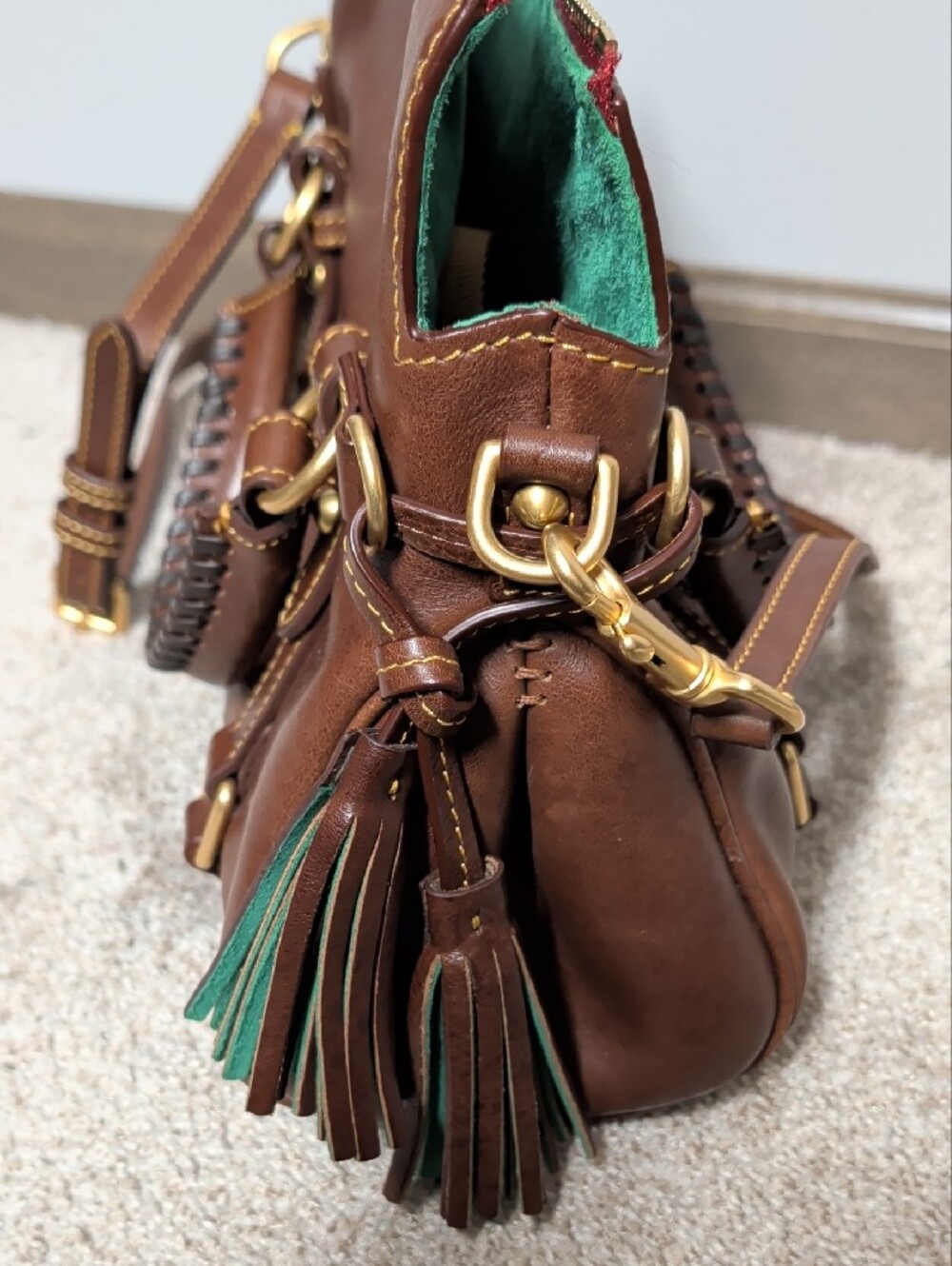 Dooney & Bourke Brown Leather Shoulder Bag with Green Interior - Picture 9 of 15